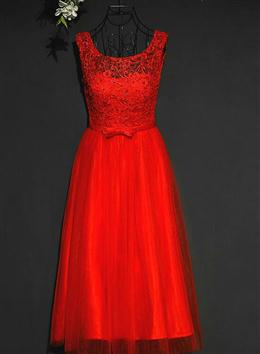 Picture of Pretty Red Color Tulle and Lace Tea Length Party Dresses, Red Color Bridesmaid Dresses